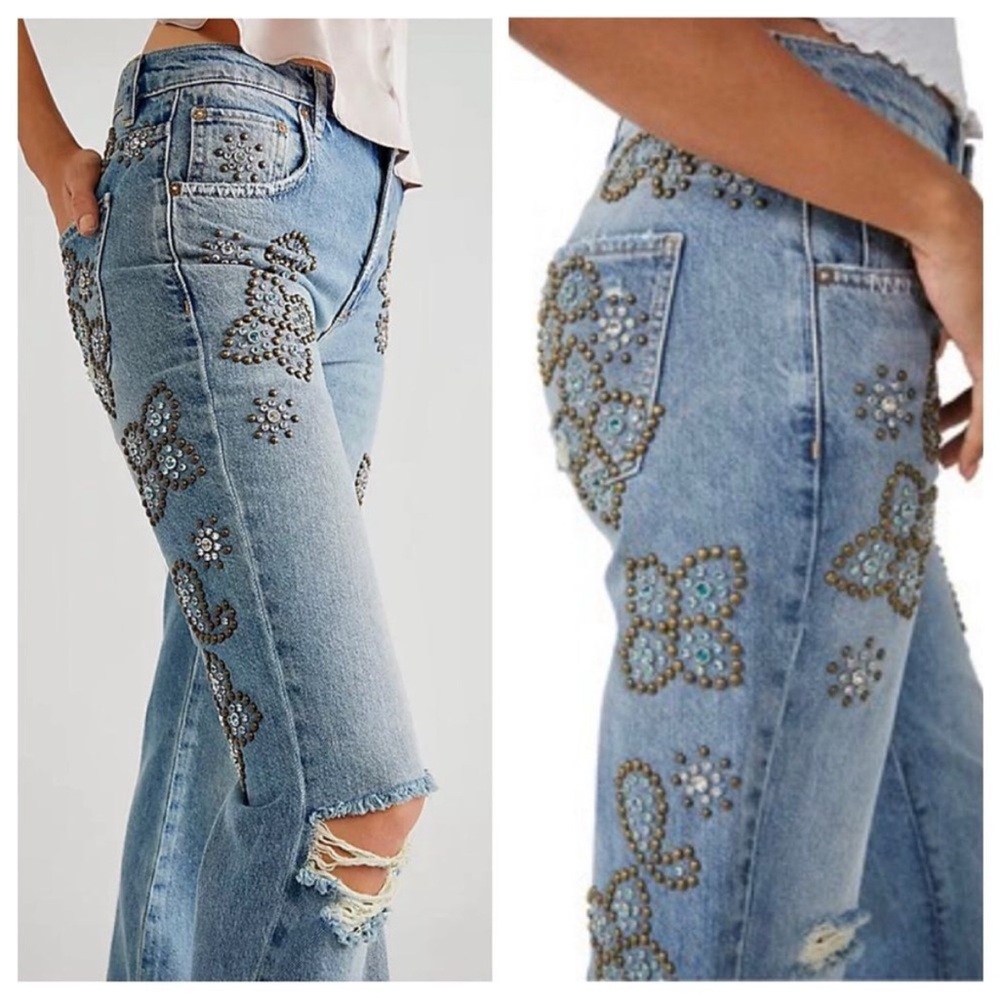 We the Free Wiley Embellished Bootcut Jeans Studded Distressed Ripped 28 33” ins - Picture 2 of 14
